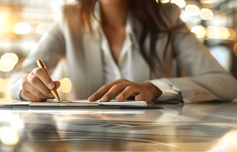 A couple reviews insurance documents together at their kitchen table with a laptop and notepad.