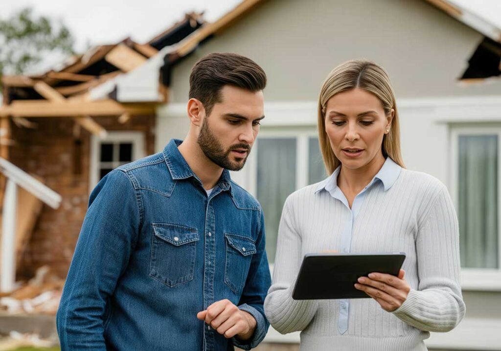 A concerned homeowner reviews insurance claim documents while speaking on the phone at a kitchen table.